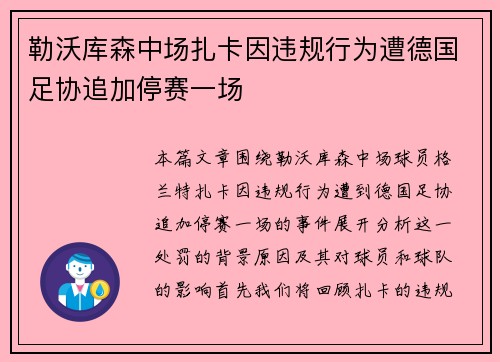 勒沃库森中场扎卡因违规行为遭德国足协追加停赛一场